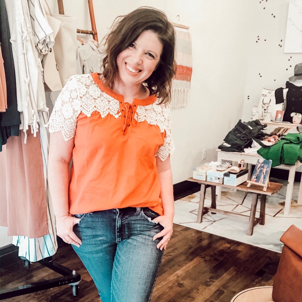 Orange Boho Lightweight Cream Lace Short Sleeves